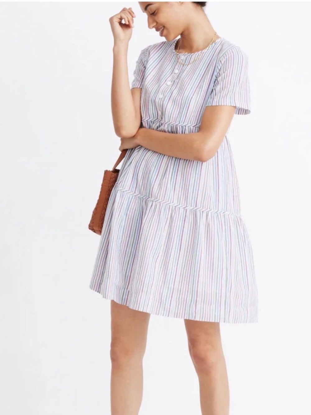 Madewell Striped Cotton Tiered Dress in White with Blue, Purple & Green Stripes